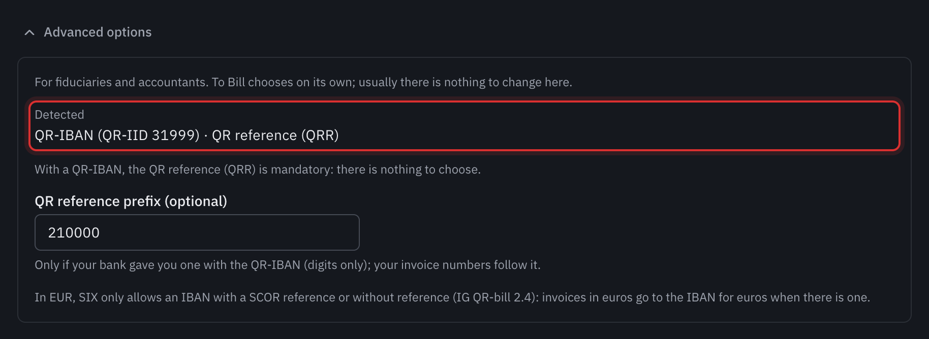 The advanced options opened for a QR-IBAN: the detected type QR-IBAN (QR-IID 31999) with the QR reference (QRR), the QR reference prefix and the rule for euros.
