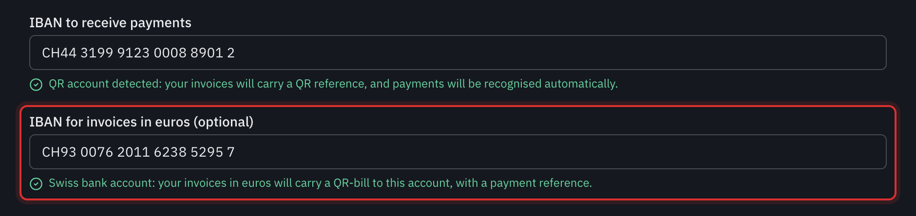 The IBAN for invoices in euros field filled in, and the green line: Swiss bank account, your invoices in euros will carry a QR-bill to this account, with a payment reference.