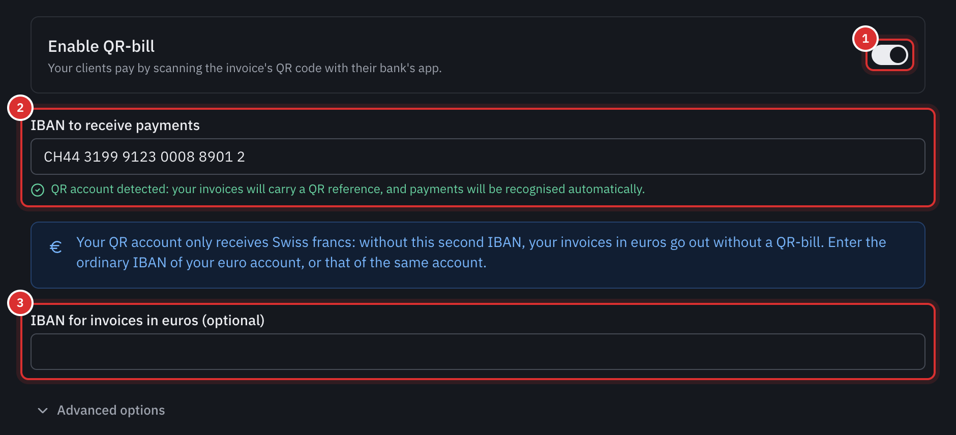The QR Invoice section of the settings: the Enable QR invoice switch, the QR-IBAN in IBAN to receive payments, the QR account detected line, the note about euros and the IBAN for invoices in euros field.