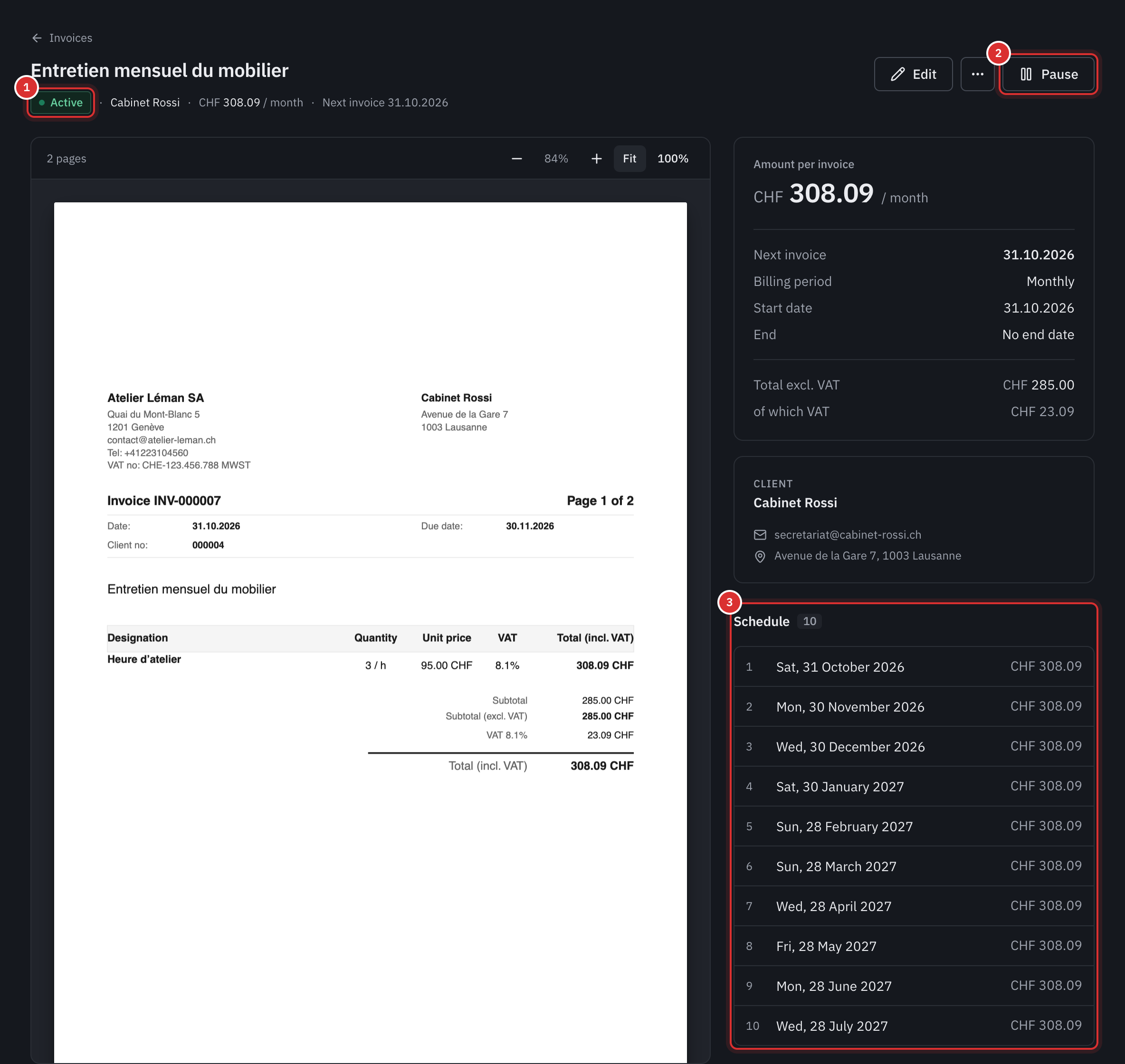 The page of an active recurring invoice: its status, the Pause button, the amount per invoice, the next invoice, the schedule and the invoices issued.