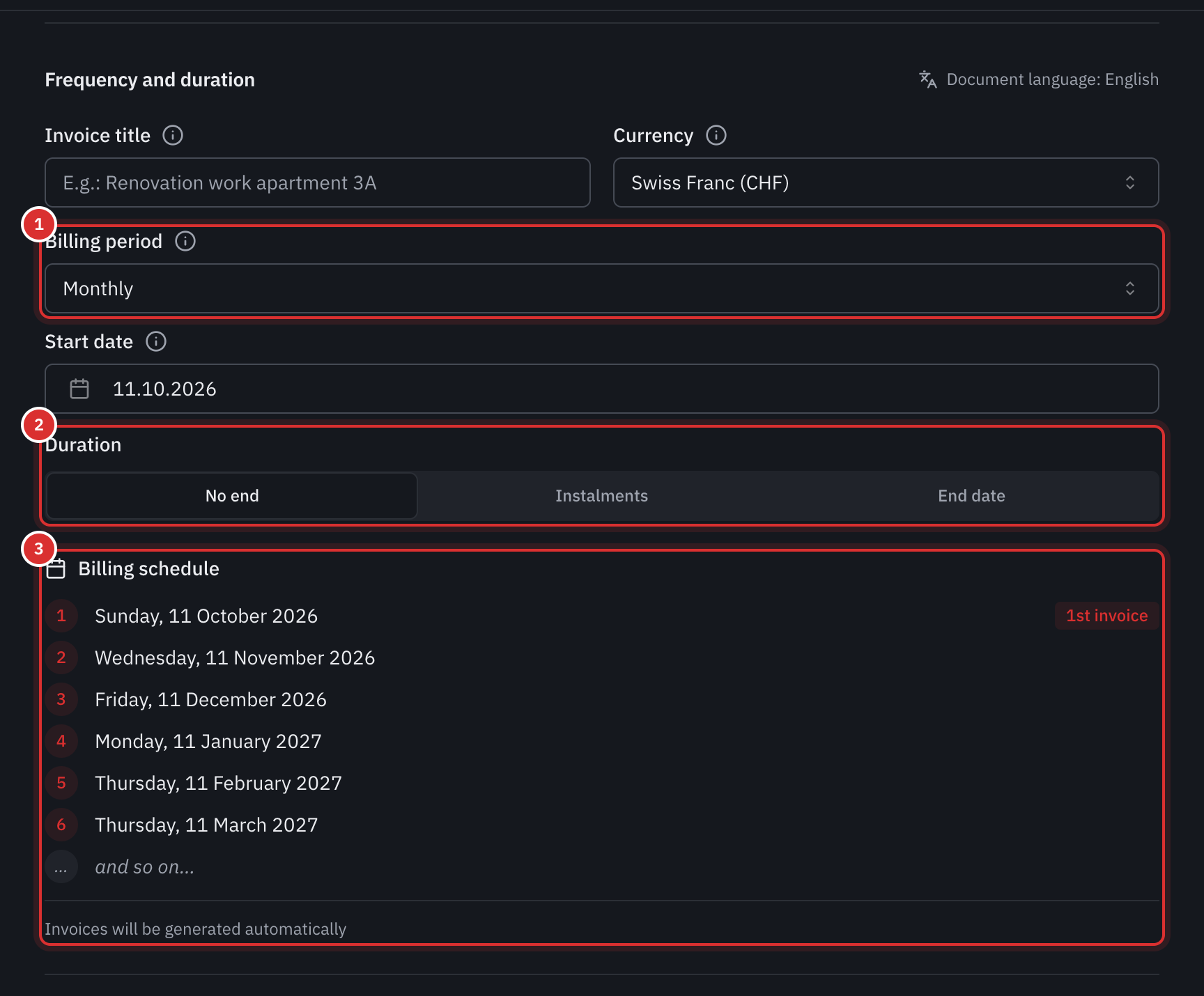 The Frequency and duration part of a recurring invoice: the Monthly period, the start date, the No end duration and the schedule of the next six invoices.