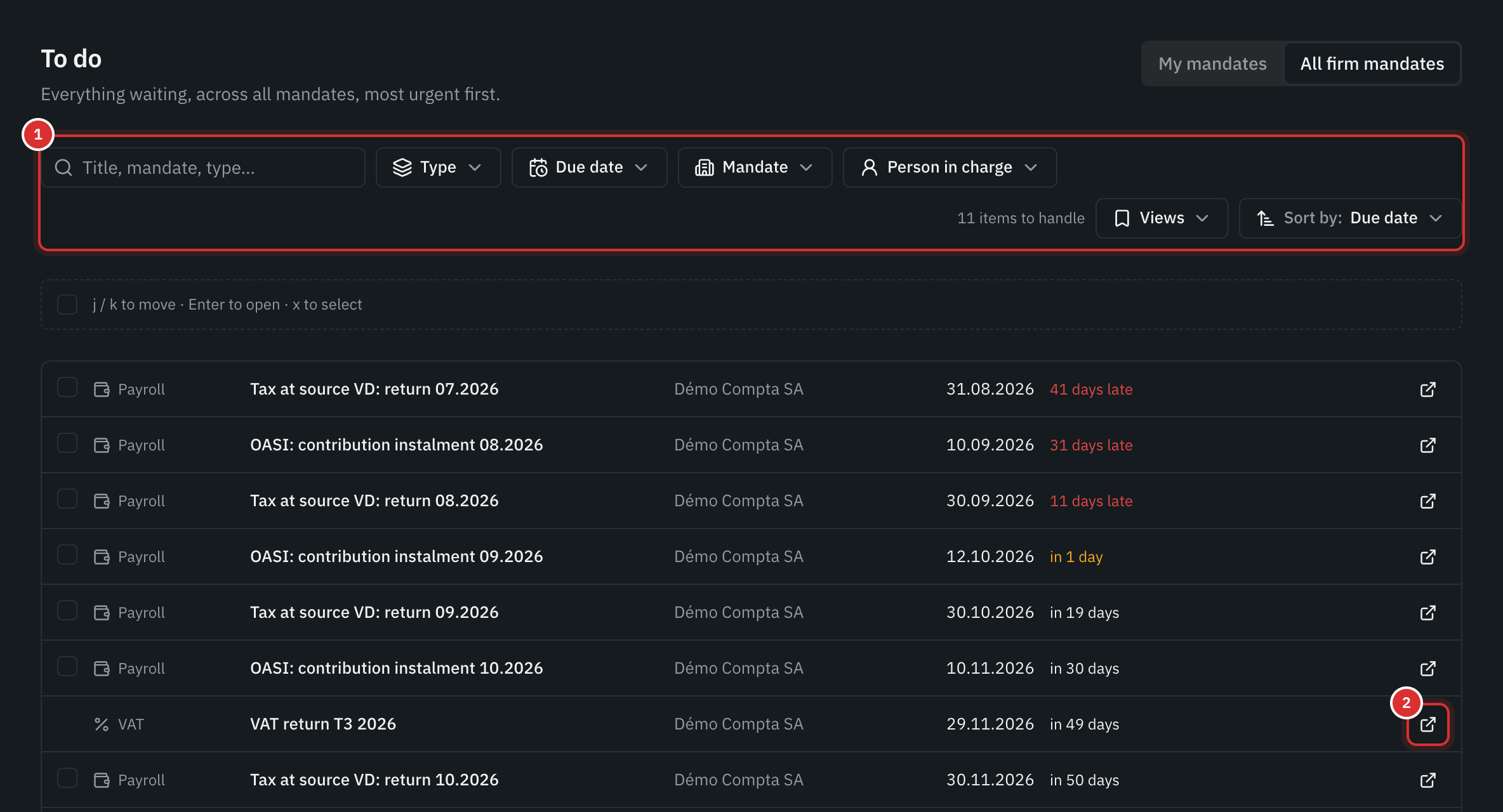 The To do page: the search and filter bar, then a mandate’s VAT returns and payroll deadlines, with their due date.