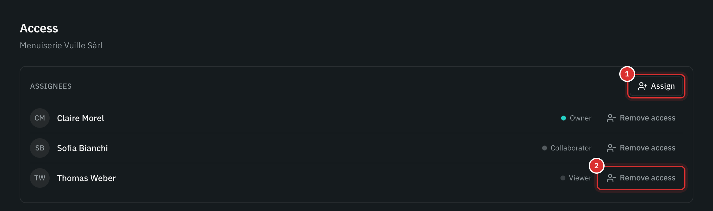A mandate’s Access tab: three assignees with their role, the Assign button and Remove access next to each one.