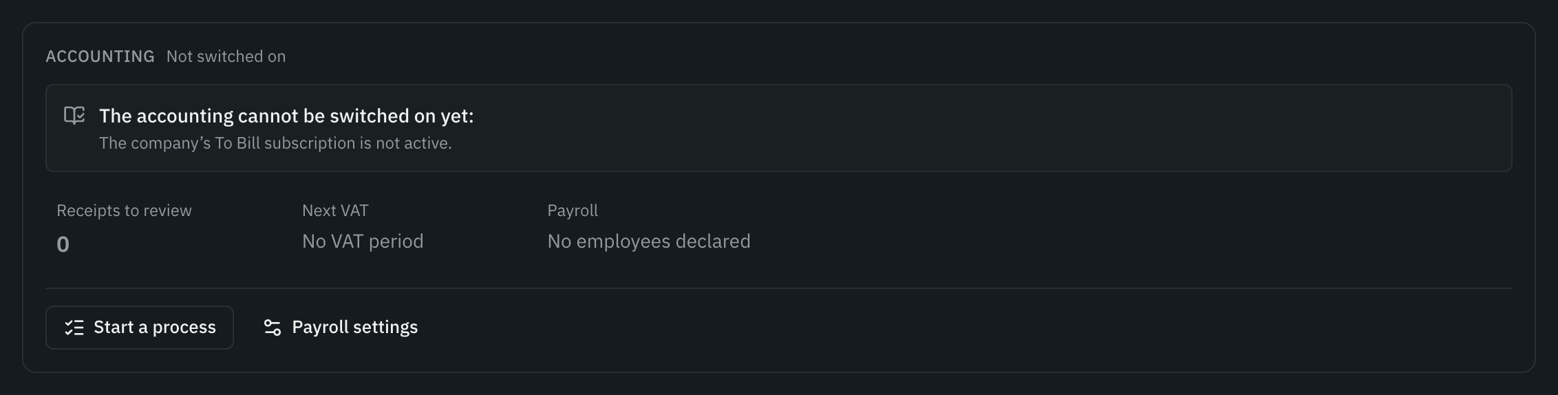 A mandate’s Accounting card: the accounting cannot be switched on yet, because the company’s subscription is not active.