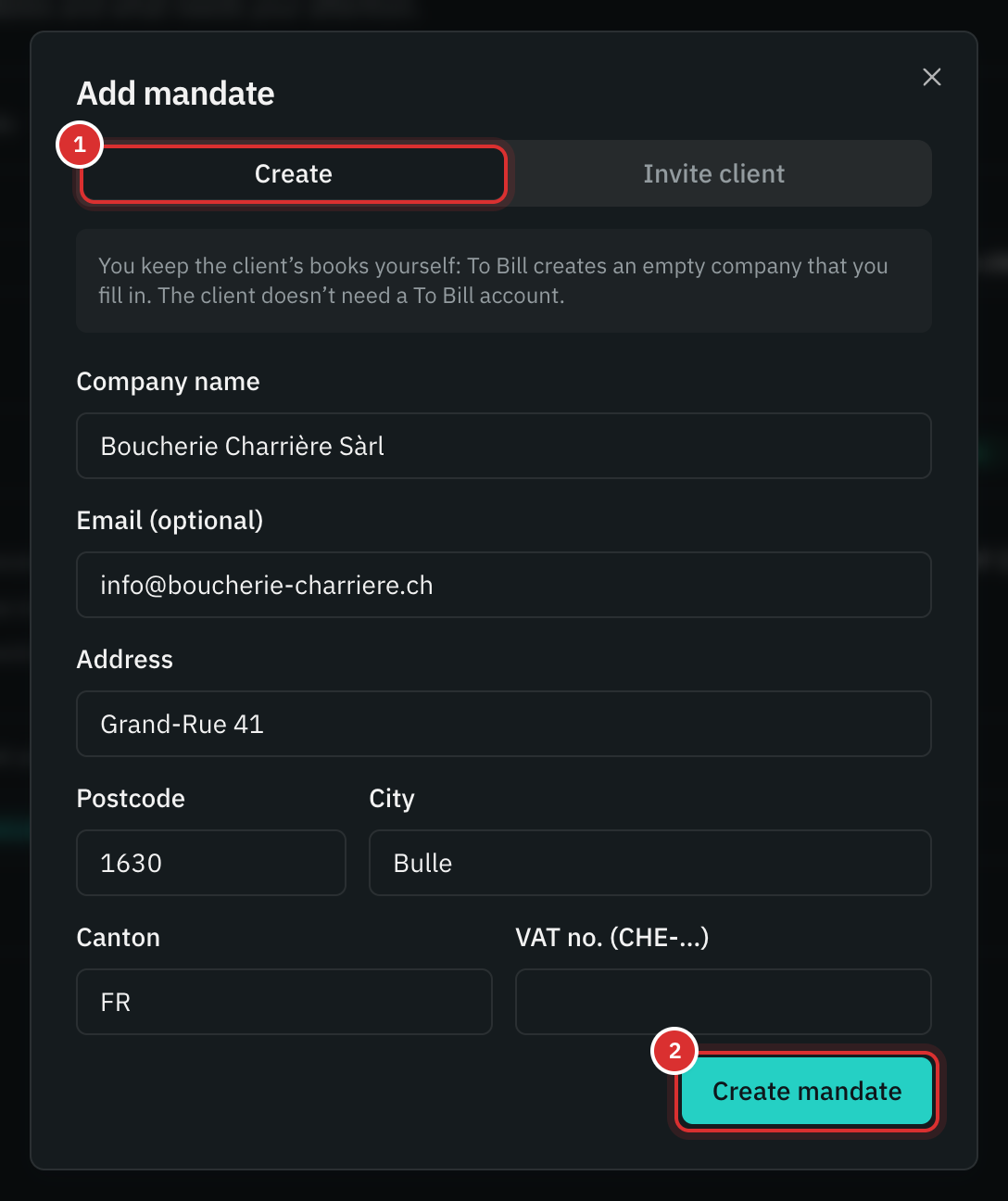 The Add mandate window, Create tab: the company’s name, email and address, and the Create mandate button.