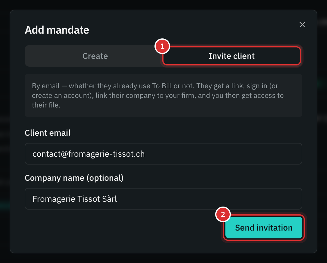 The Add mandate window, Invite client tab: the client’s email, their company’s name and the Send invitation button.