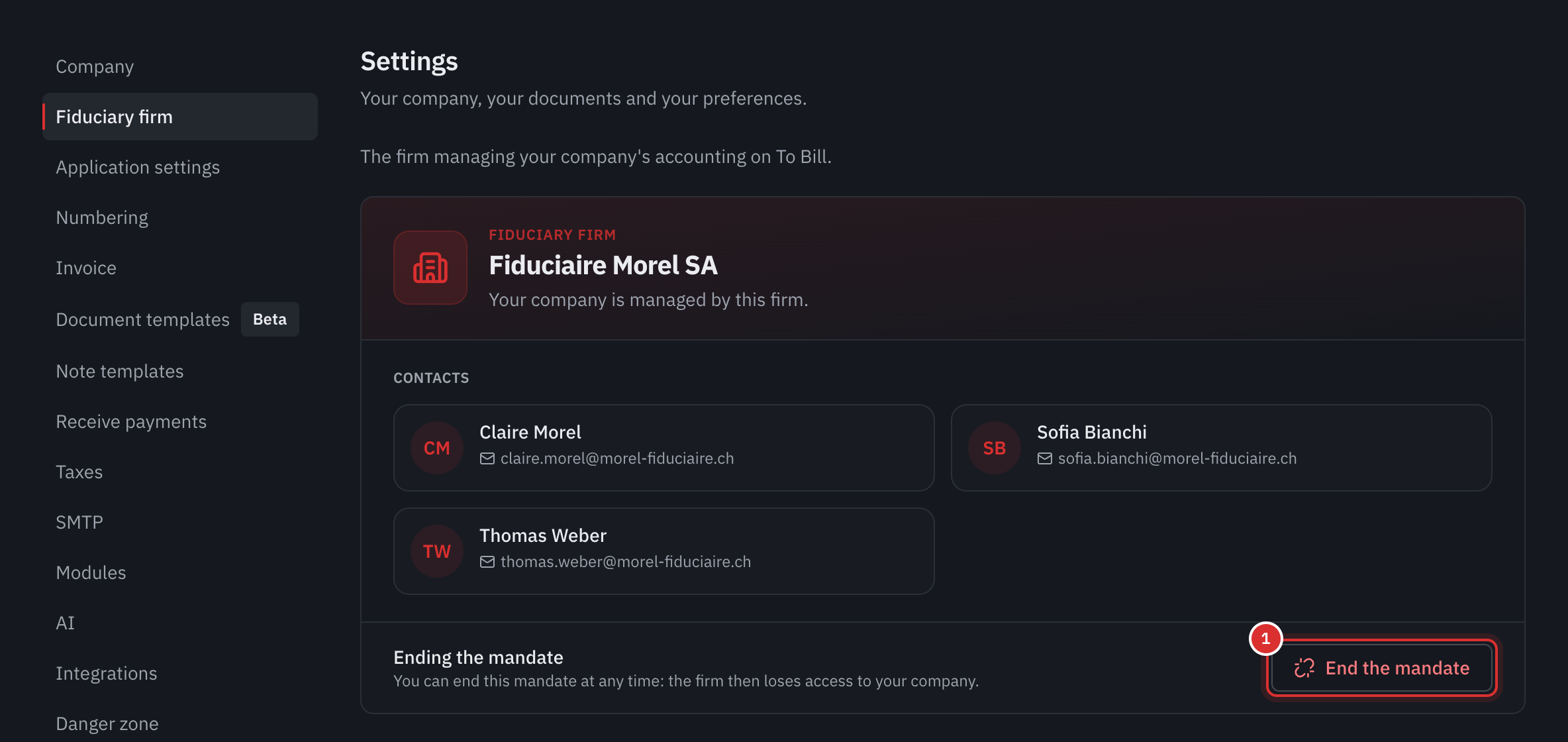 The client’s Fiduciary firm page: the firm, its assignees and the End the mandate button.