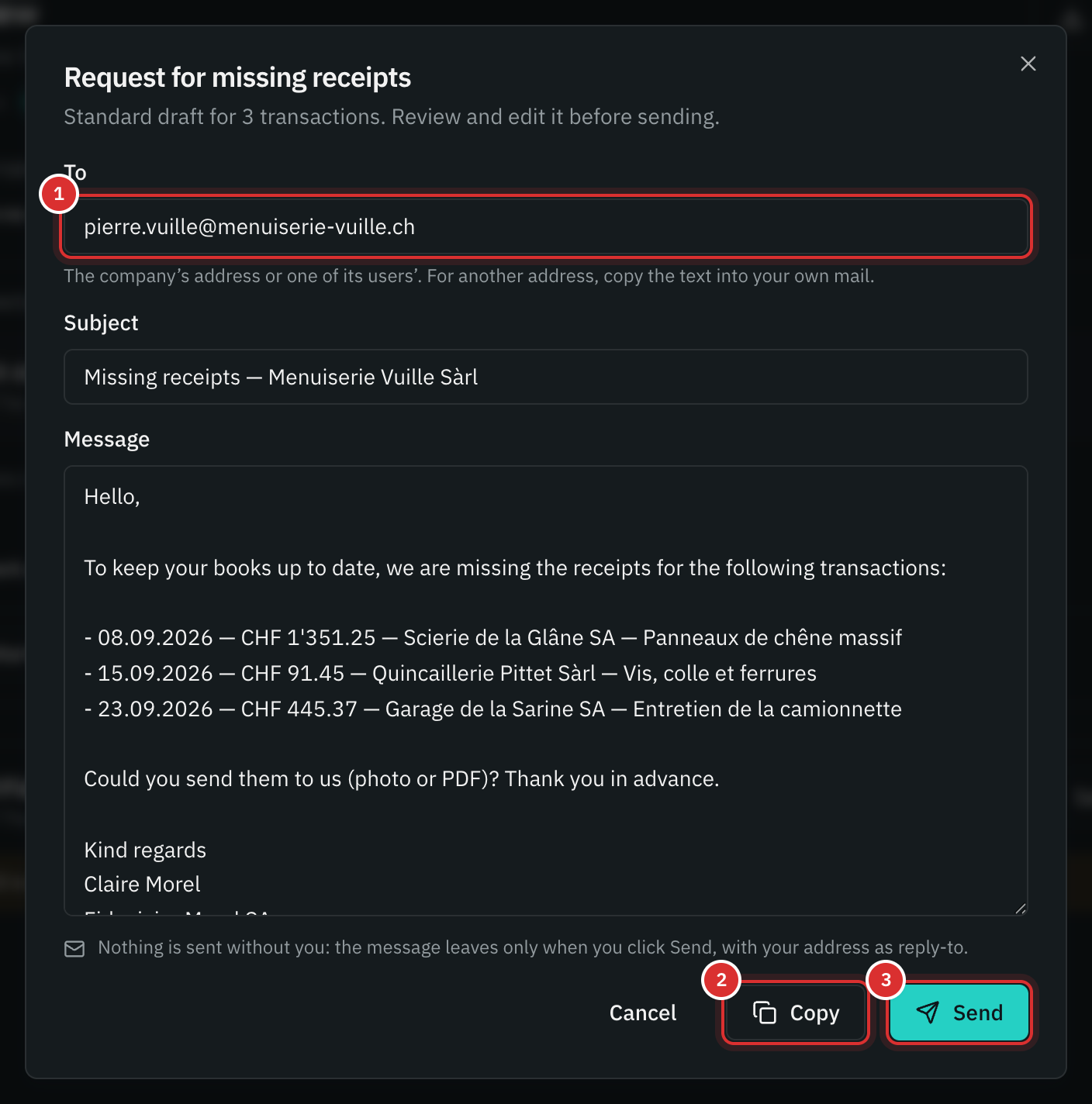 The Request for missing receipts window: the recipient, the subject, the message listing three transactions, and the Copy and Send buttons.