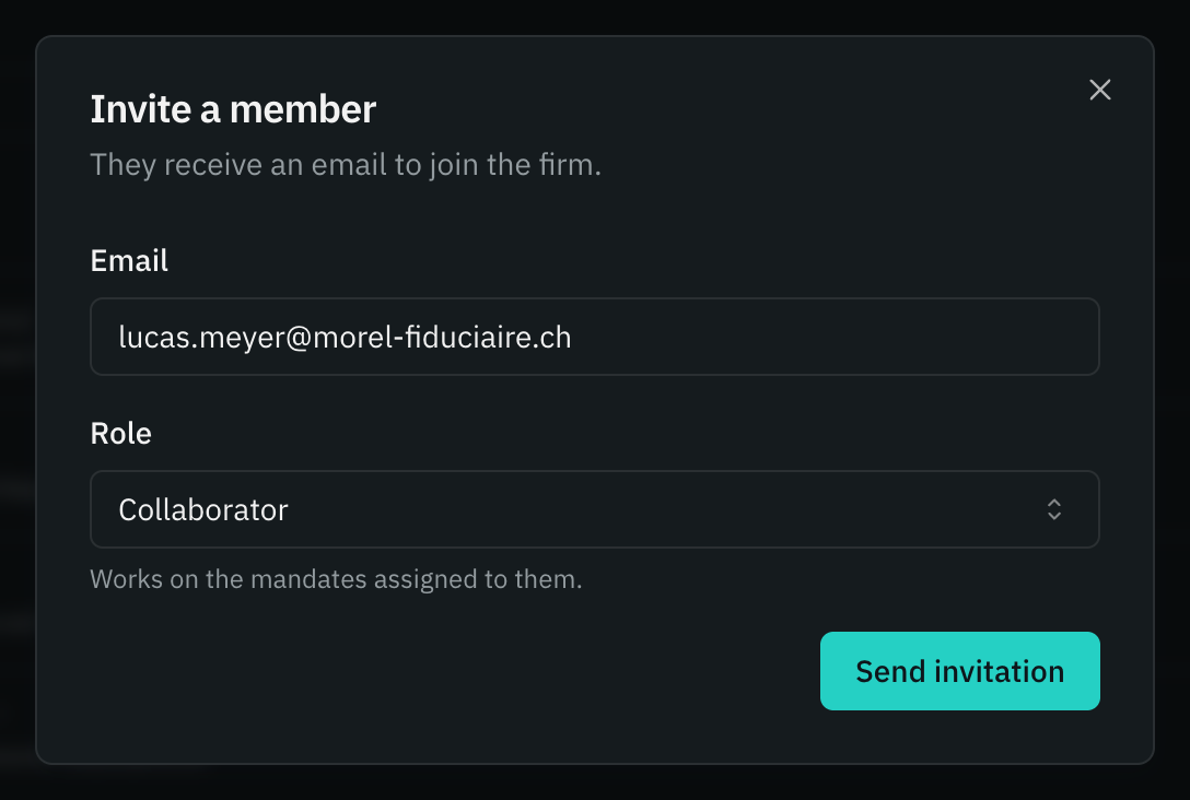The Invite a member window: the email, the Collaborator role and the Send invitation button.