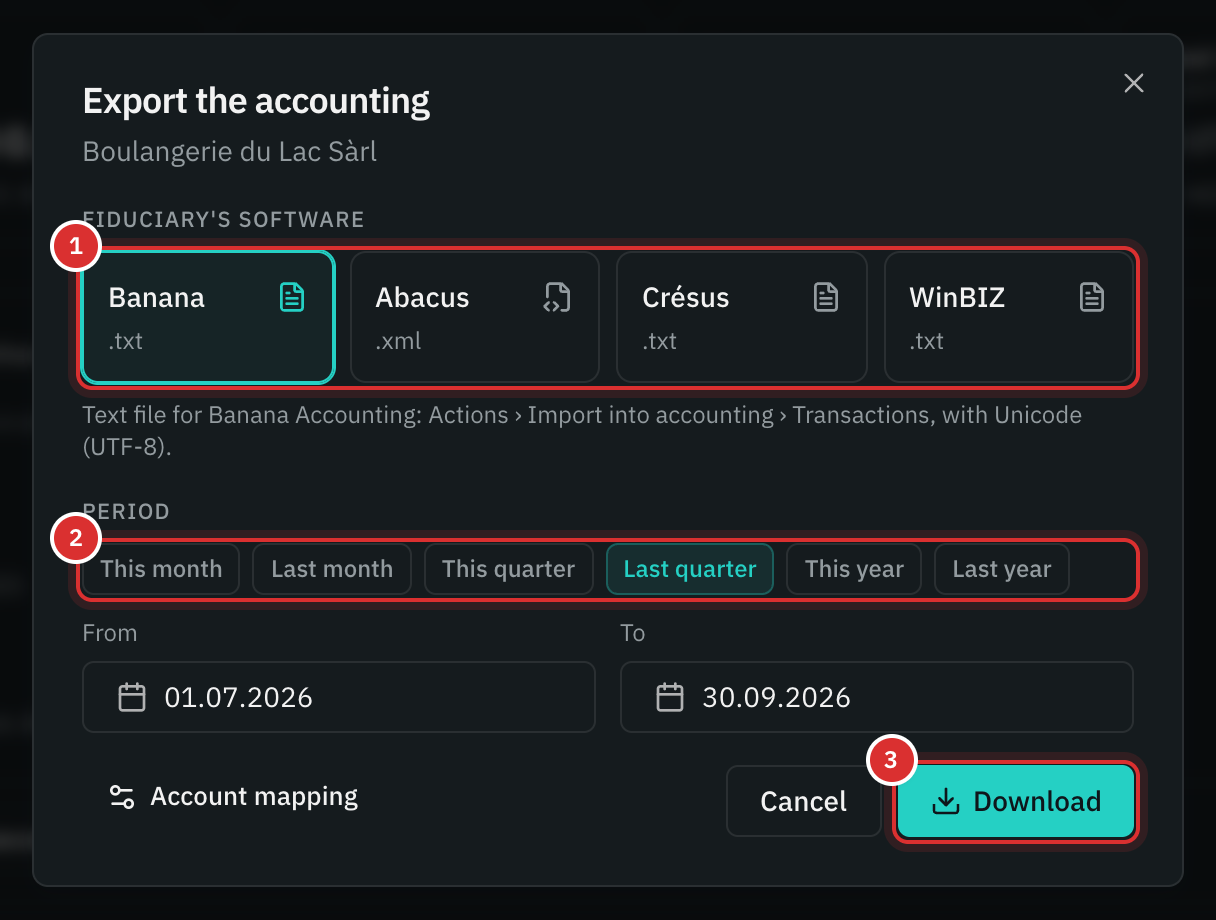 The Export the accounting window: Banana chosen, last quarter as the period and the Download button.