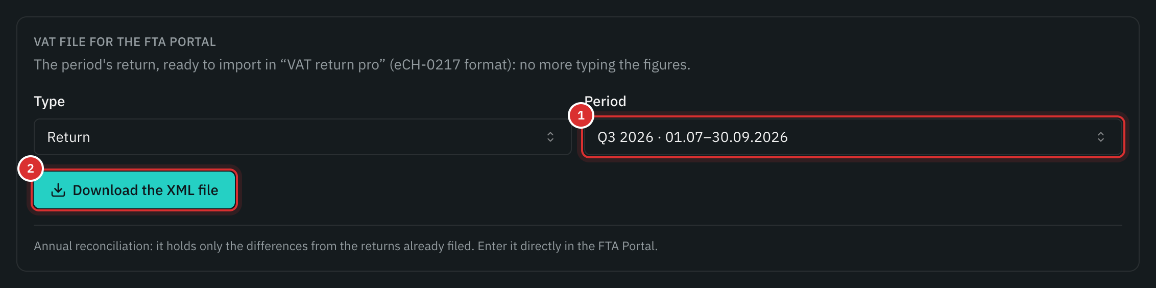 The VAT file card for the FTA portal: the type of return, the period Q3 2026 and the Download the XML file button.