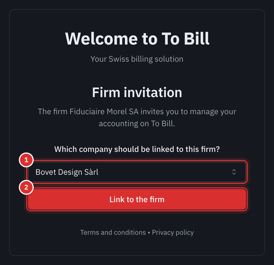 The Firm invitation page: the choice of company and the Link to the firm button.