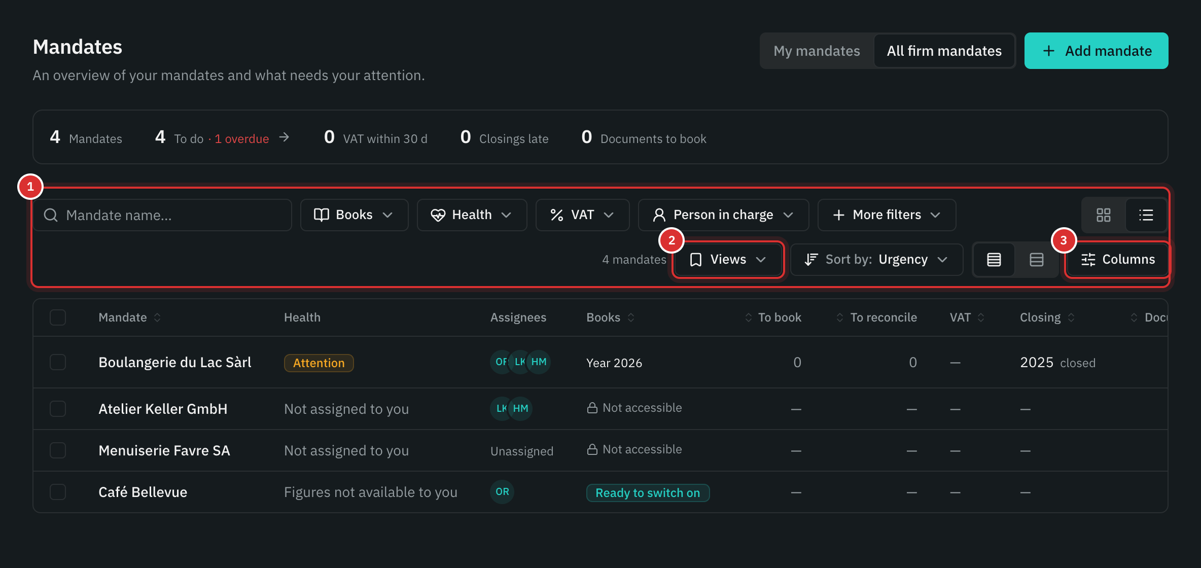 The mandates as a table: the search and filter bar, the Views button and the Columns button.