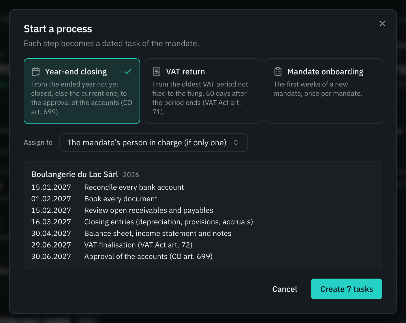 The Start a process window: Year-end closing chosen, its seven dated steps and the Create 7 tasks button.