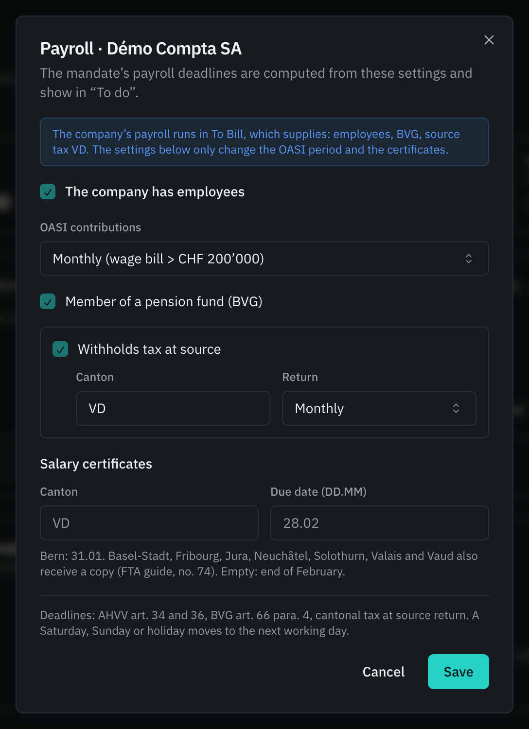 A mandate’s Payroll window: employees, OASI frequency, occupational pension, tax at source and salary certificates.