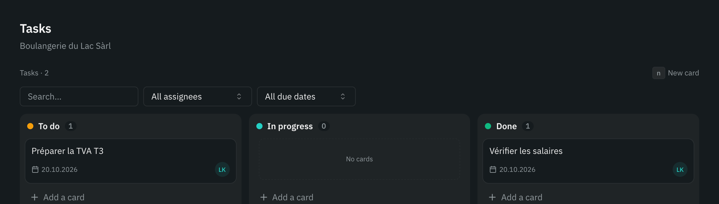A mandate’s task board: the To do, In progress and Done columns, with one card in each.
