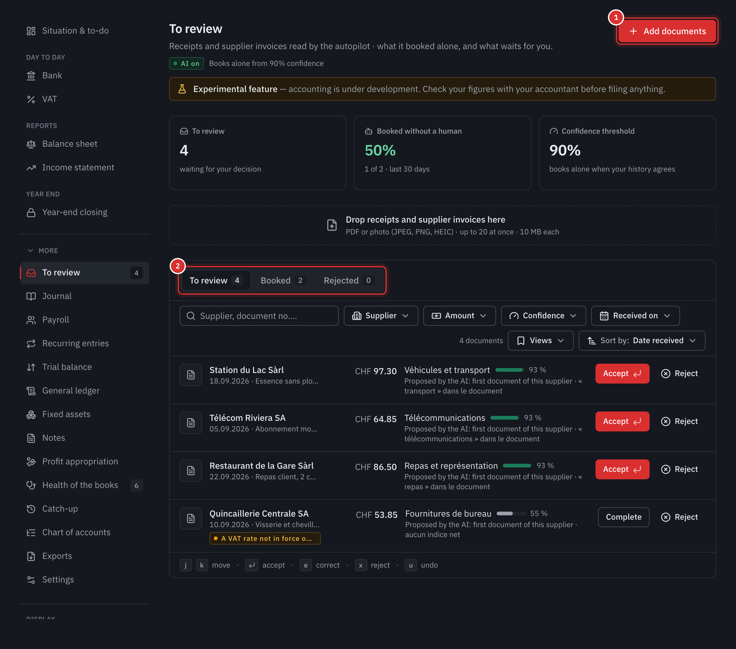 The To review page: the Add documents button, the counters, the drop area and four documents read, with their proposal and the Accept and Reject buttons.