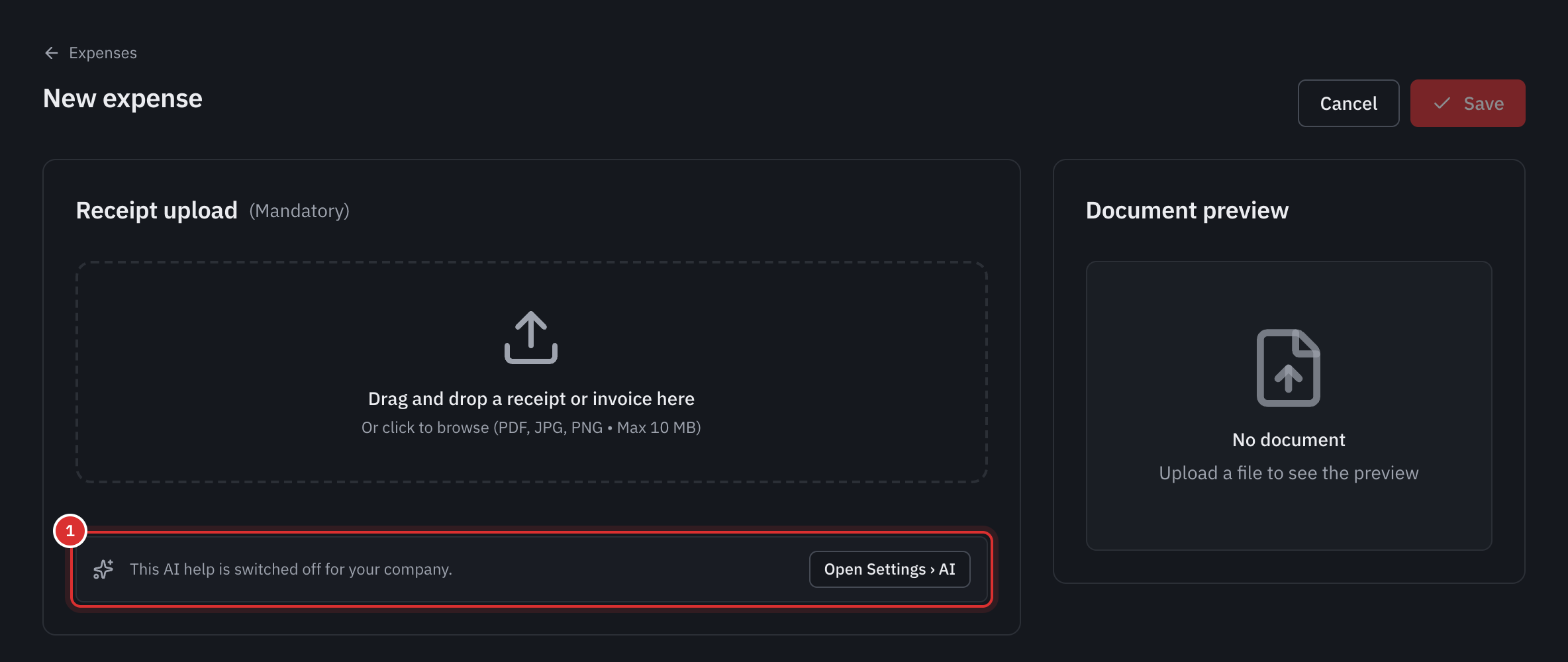 The New expense page of a company without AI: under the receipt area, the note This AI help is switched off for your company, with the Open Settings, AI button.