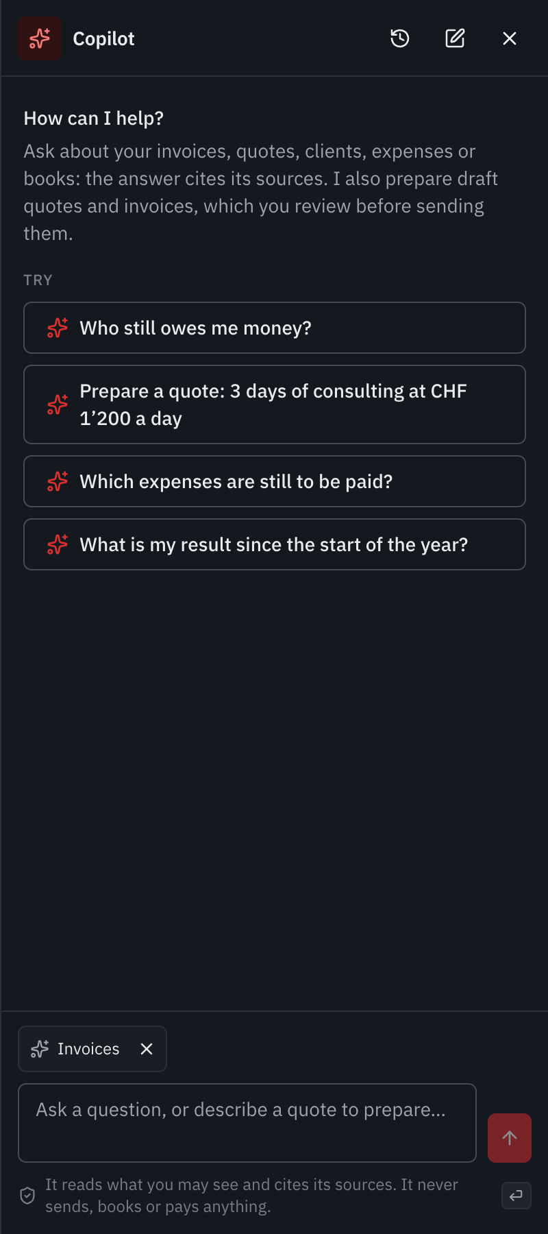 The Copilot panel to the right of the invoices: How can I help?, questions to try, the page label and the question field.