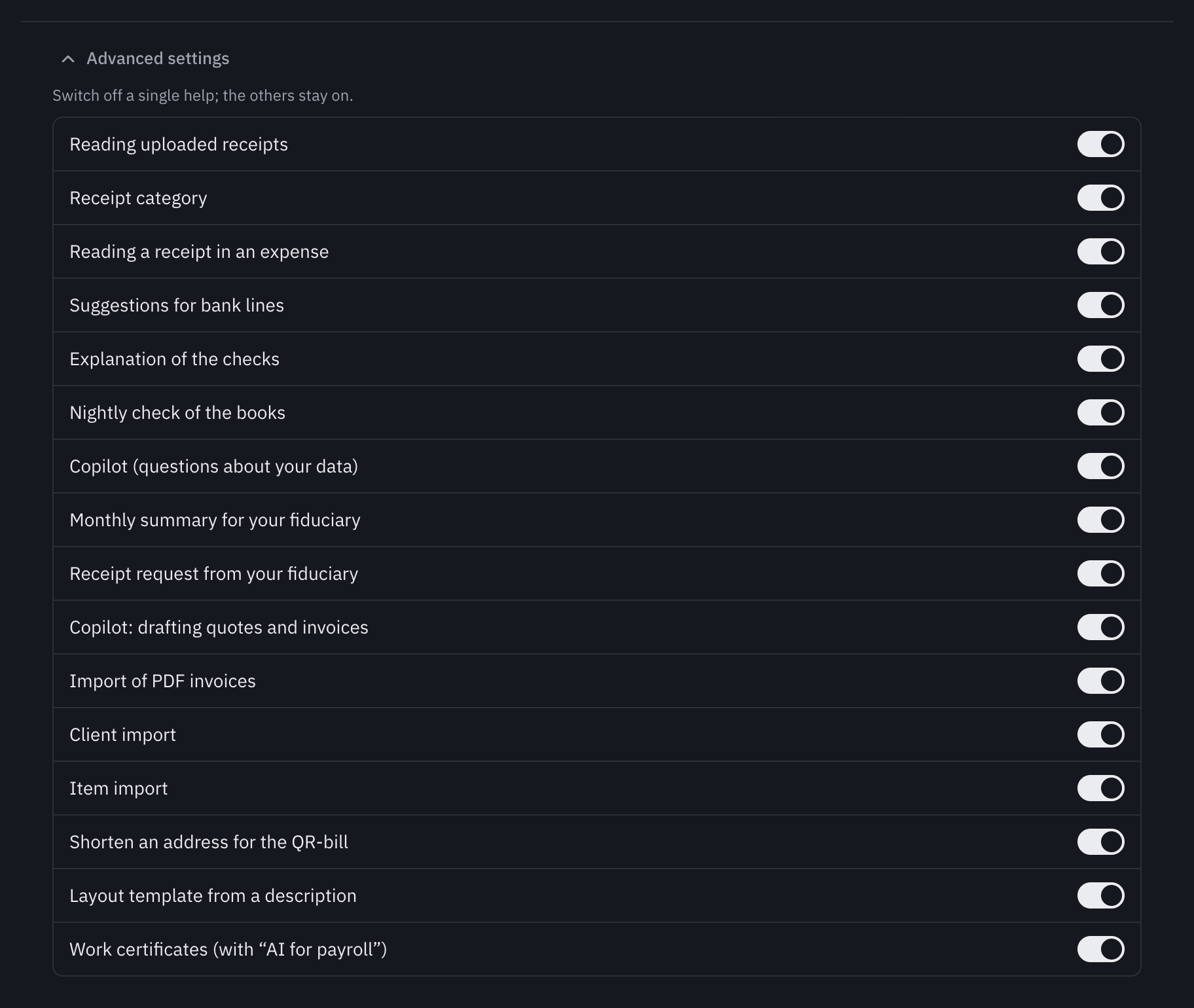 The AI advanced settings: one switch per help, from reading uploaded receipts to the layout template.