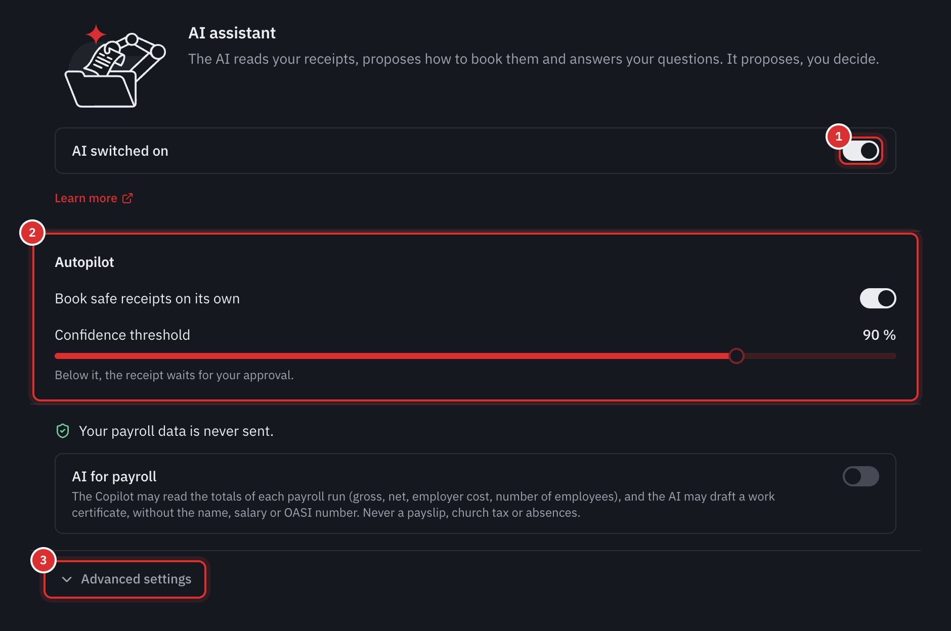 The Settings, AI page: the AI switched on switch, the autopilot and the Advanced settings link.