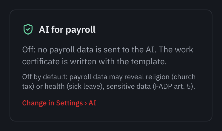 The AI for payroll card on the Payroll, Insurance settings page: Off, no payroll data is sent to the AI, the reason, and the Change in Settings, AI link.