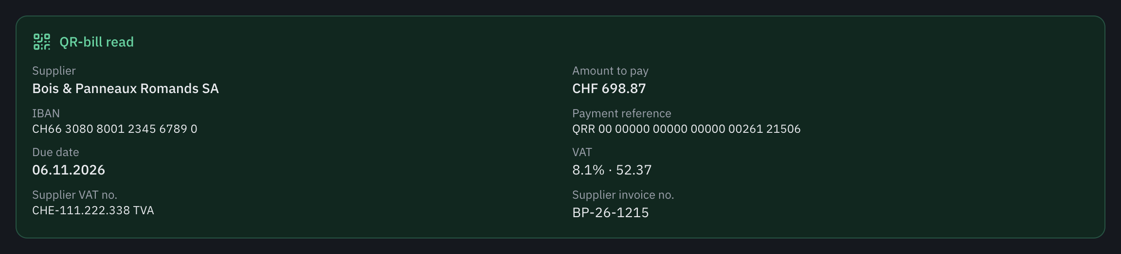 The QR-bill read box: the supplier, the amount to pay, the IBAN, the QR reference, the due date, VAT at 8.1%, the VAT number and the supplier’s invoice number.