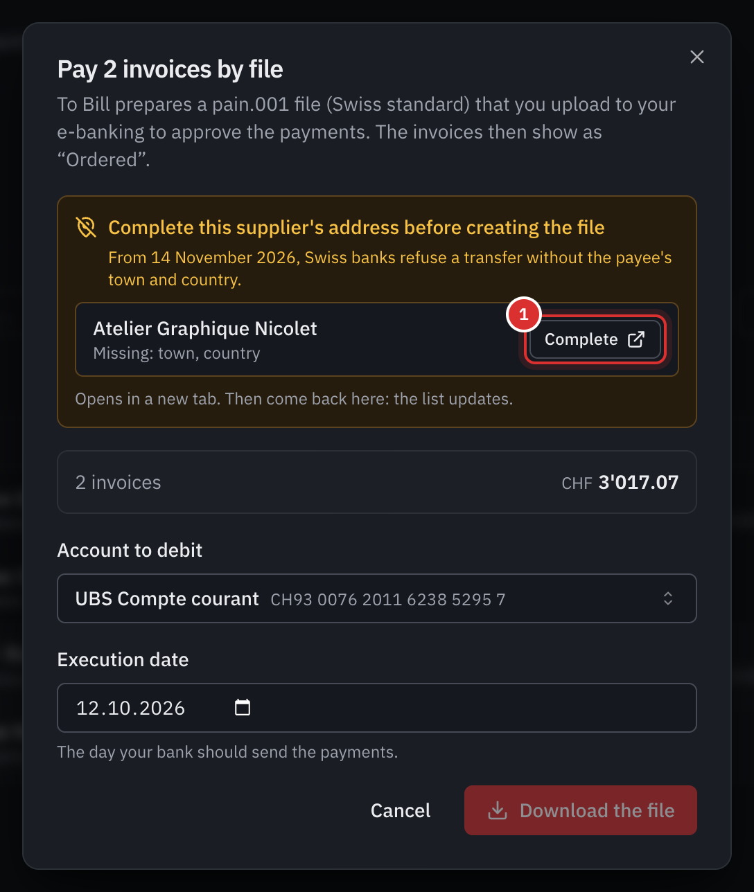 The payment window with the alert Complete this supplier’s address before creating the file: Atelier Graphique Nicolet, town and country missing, with the Complete button.