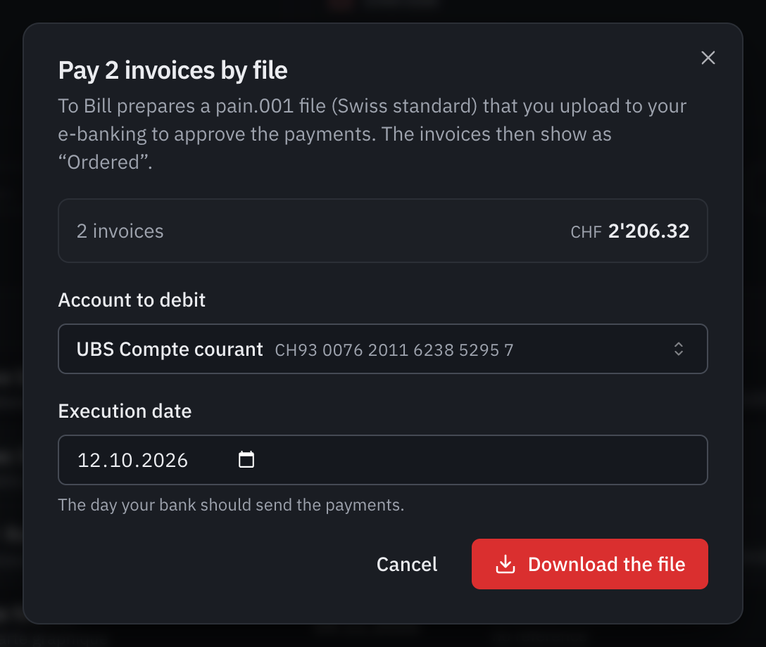 The Pay 2 invoices by file window: the total, the UBS current account to pay from, the execution date and the Download the file button.