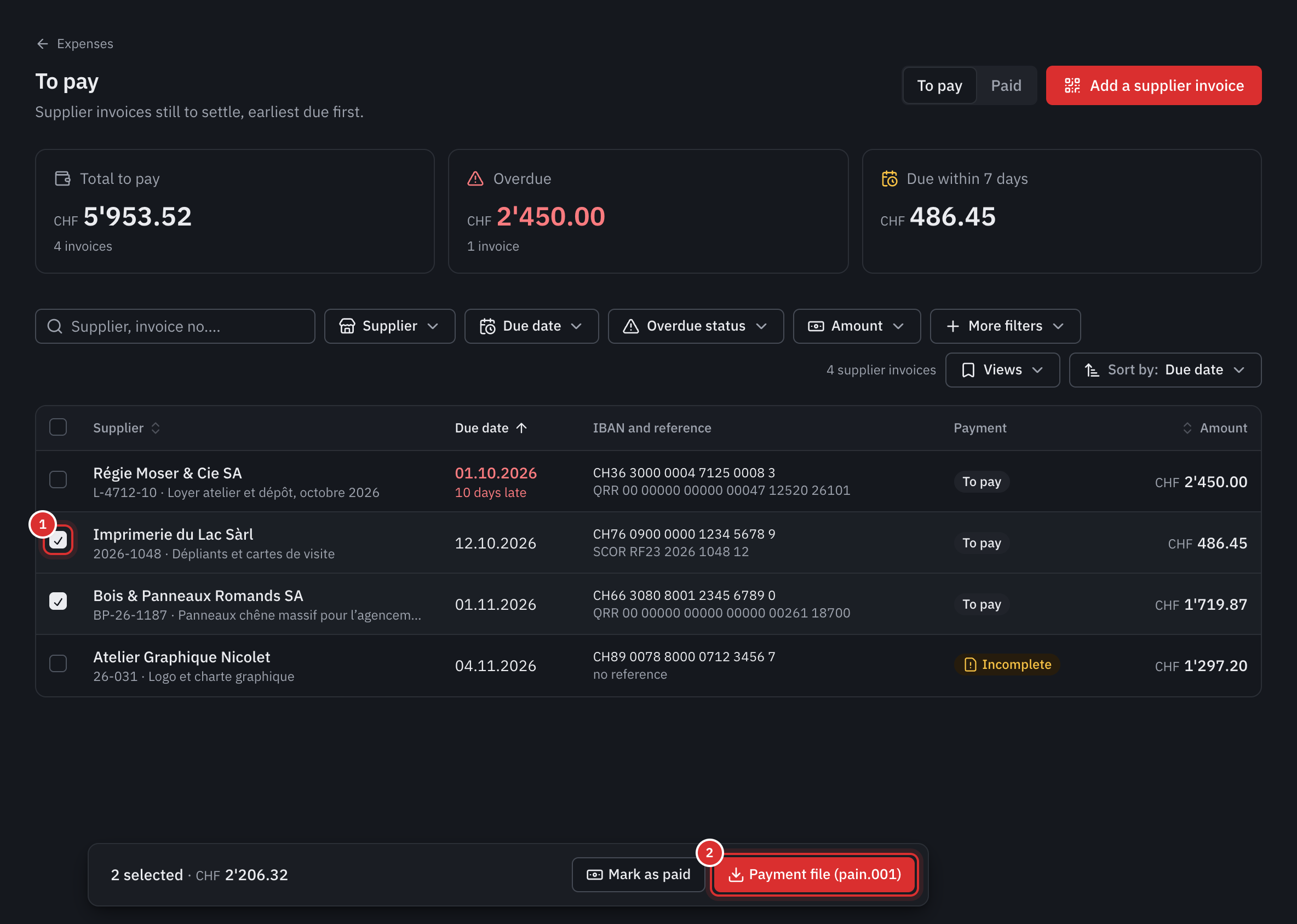 The To pay list with two invoices ticked, and at the bottom the selection bar with the total and the Payment file (pain.001) button.
