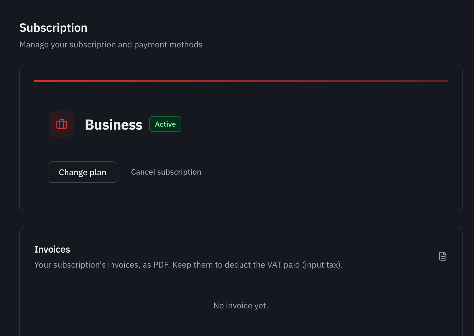 The Subscription page: the active plan, the Change plan and Cancel subscription buttons, and the payment history.