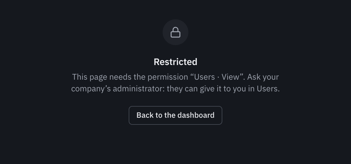 The Restricted page: this page needs the Users · View right, to ask the company’s administrator for, and the Back to the dashboard button.