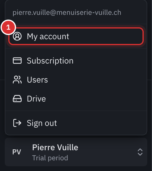 The account menu open at the bottom left: the email, My account, Subscription, Users, Drive and Logout.