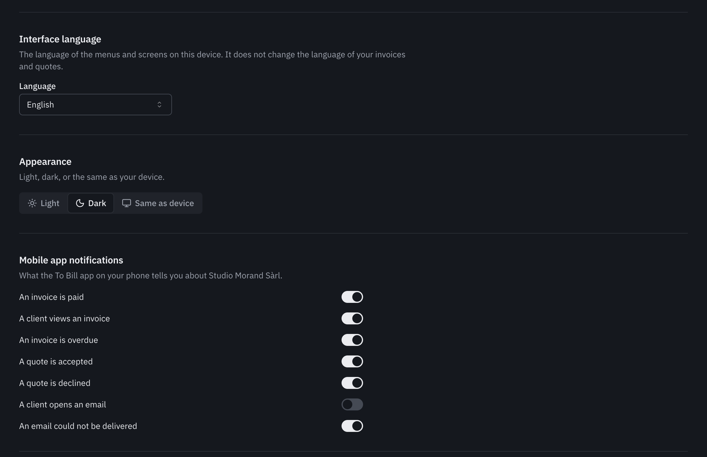 The rest of My account: the interface language, the Light, Dark or Same as device appearance, and the mobile app notifications for the company that is open.