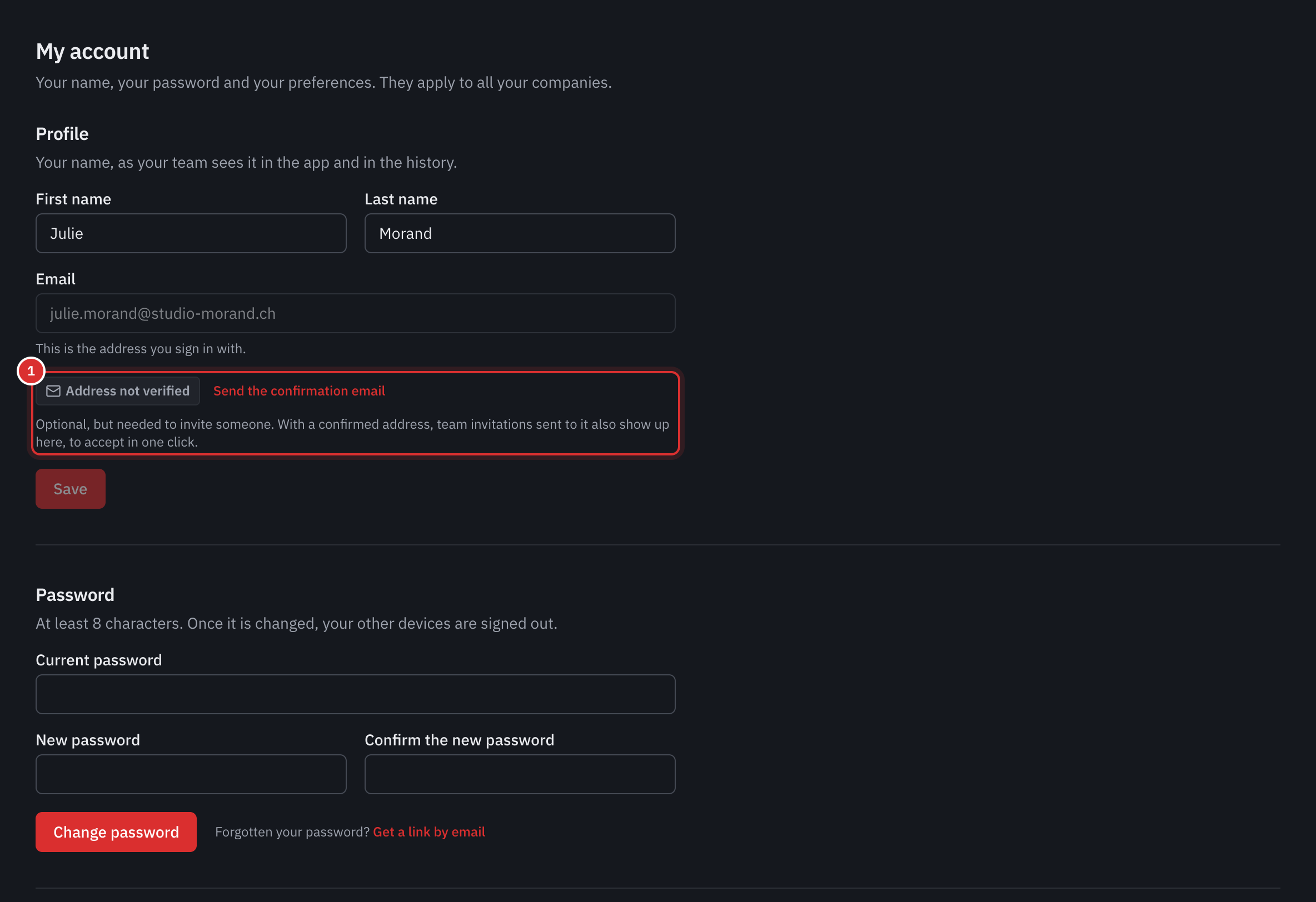 The My account page: the profile with the first name, the last name, the sign-in email and, under it, Address not verified with the Send the confirmation email link, then the current password, the new one and its confirmation.