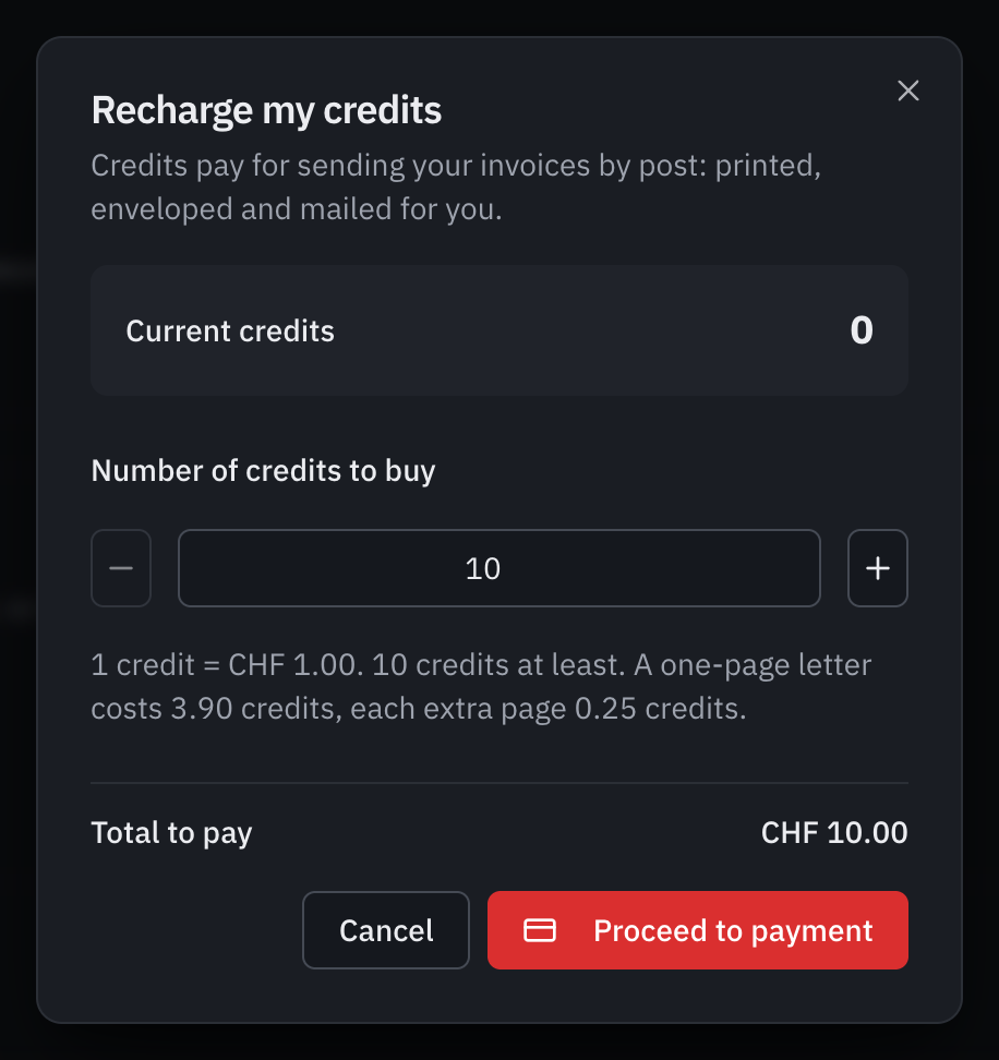 The Recharge My Credits window: what credits are for (sending invoices by post), the current credits, the number to buy, the rate with the minimum of 10 credits and the price of a letter, and the total to pay of CHF 10.00.