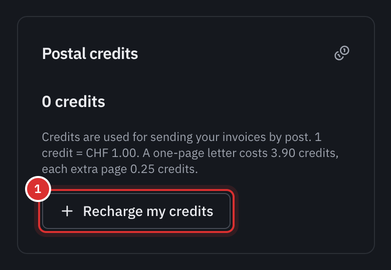 The Postal credits card on the Subscription page: the balance, the rate 1 credit = CHF 1.00 with the price of a letter, and the Recharge My Credits button.