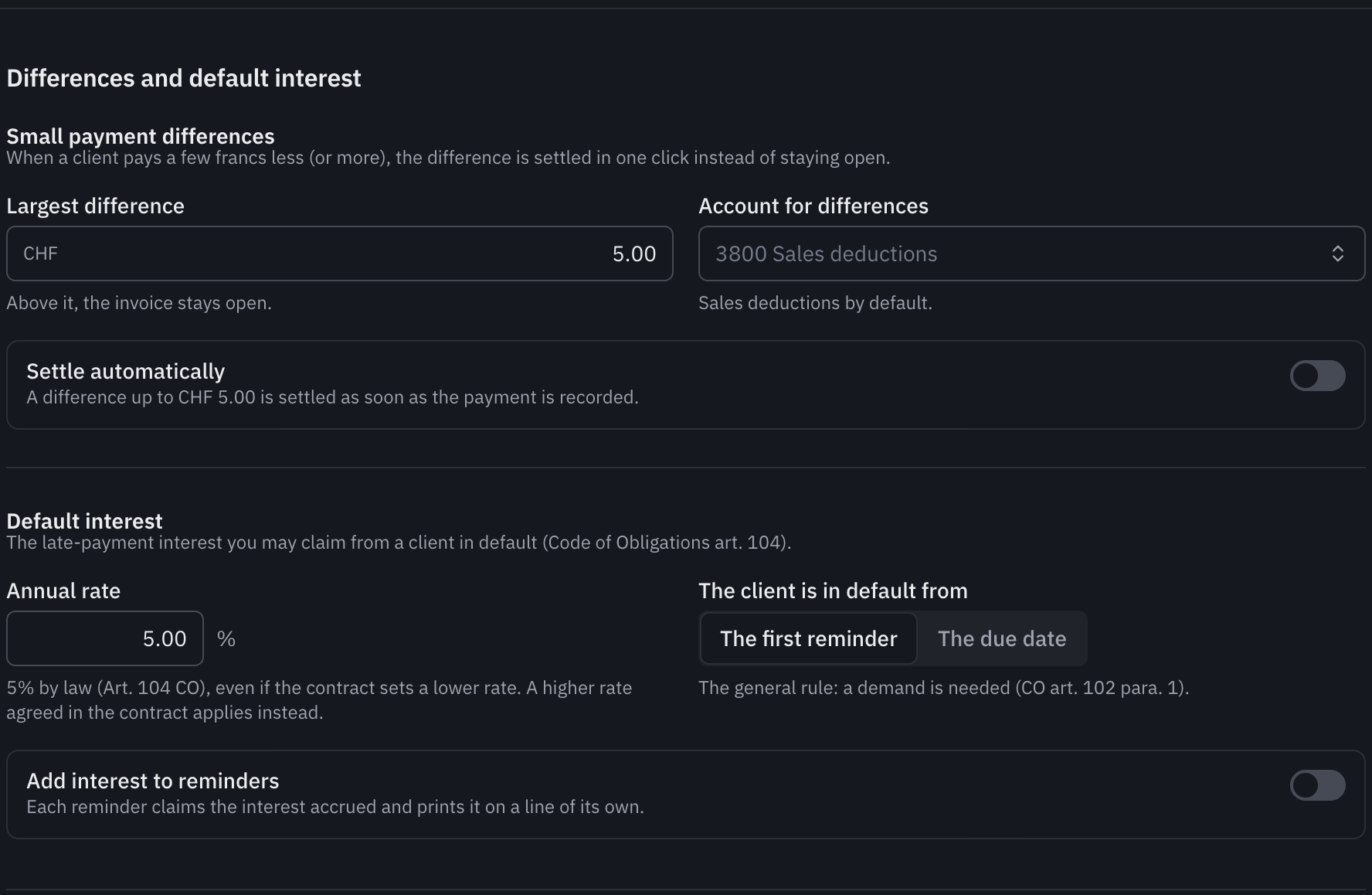 The Differences and default interest part: the largest difference, the account for differences, the annual rate and the start of default.