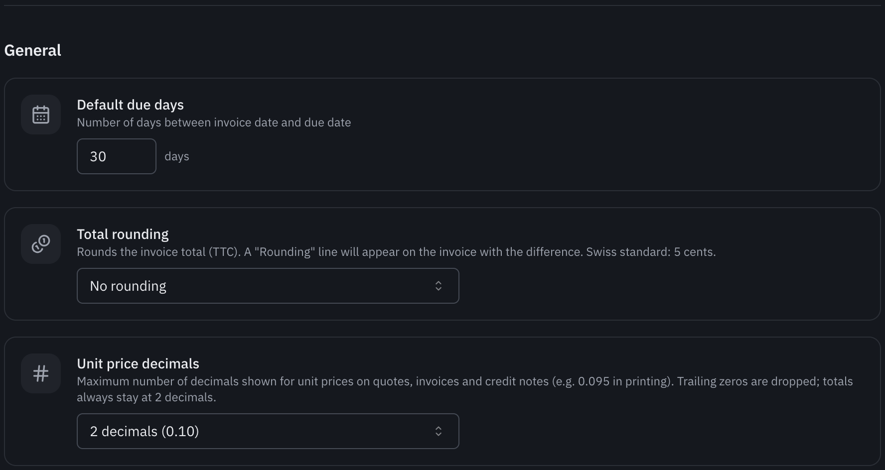 The General part: default due days, total rounding and unit price decimals.