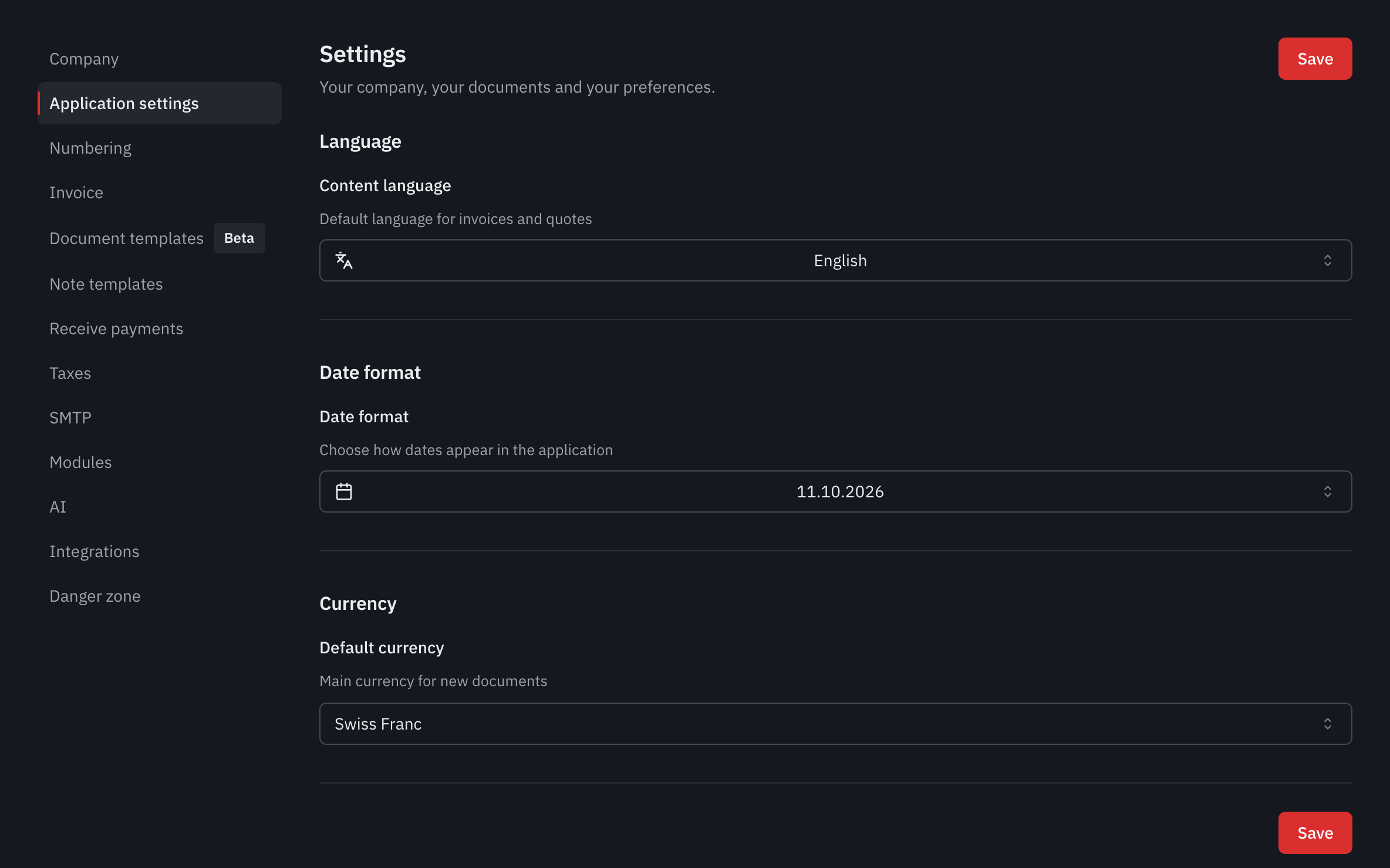 The Application settings tab: the content language, the date format and the default currency.