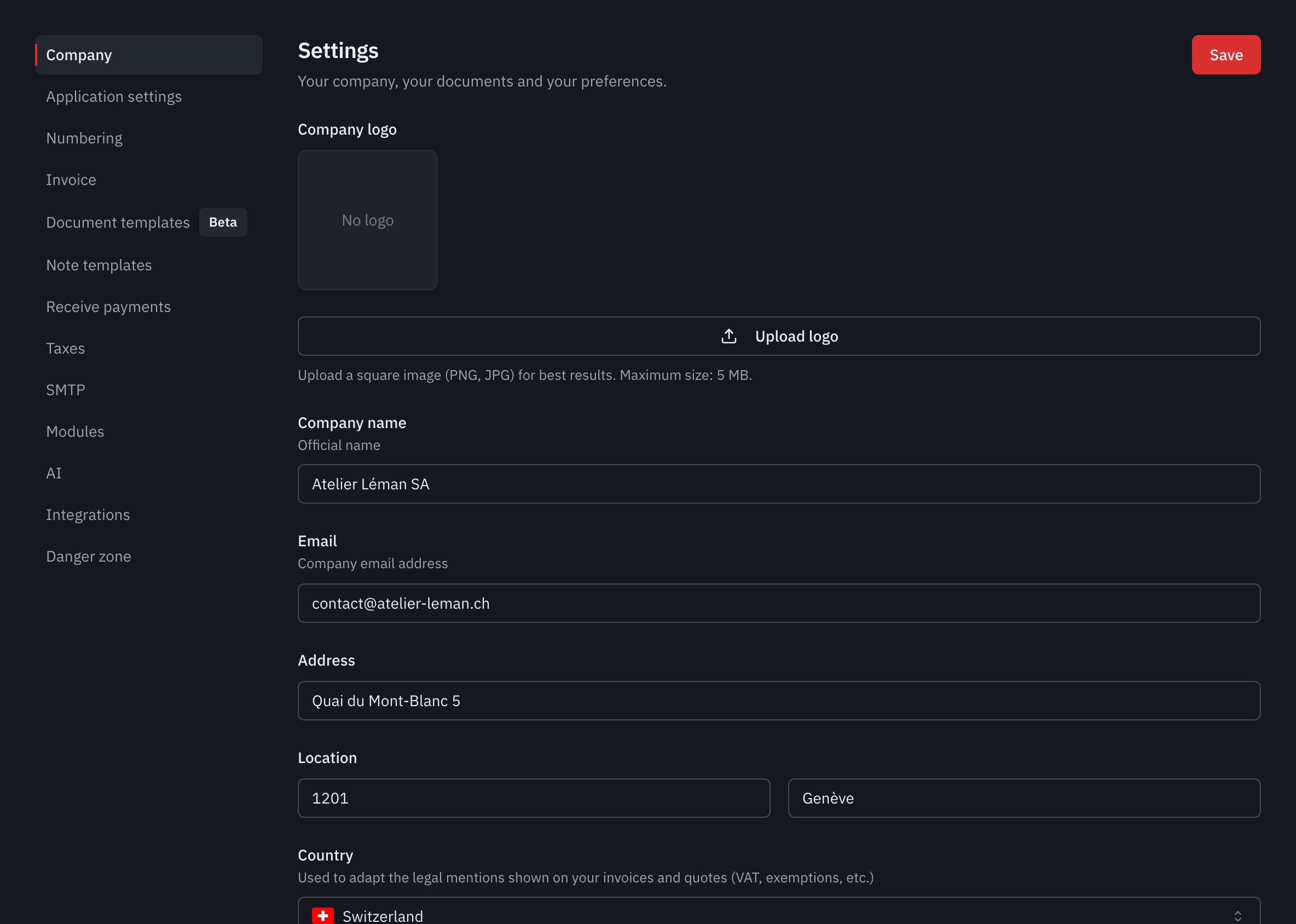 The Company tab of the settings: the logo, the name, the email, the address, the location and the country.