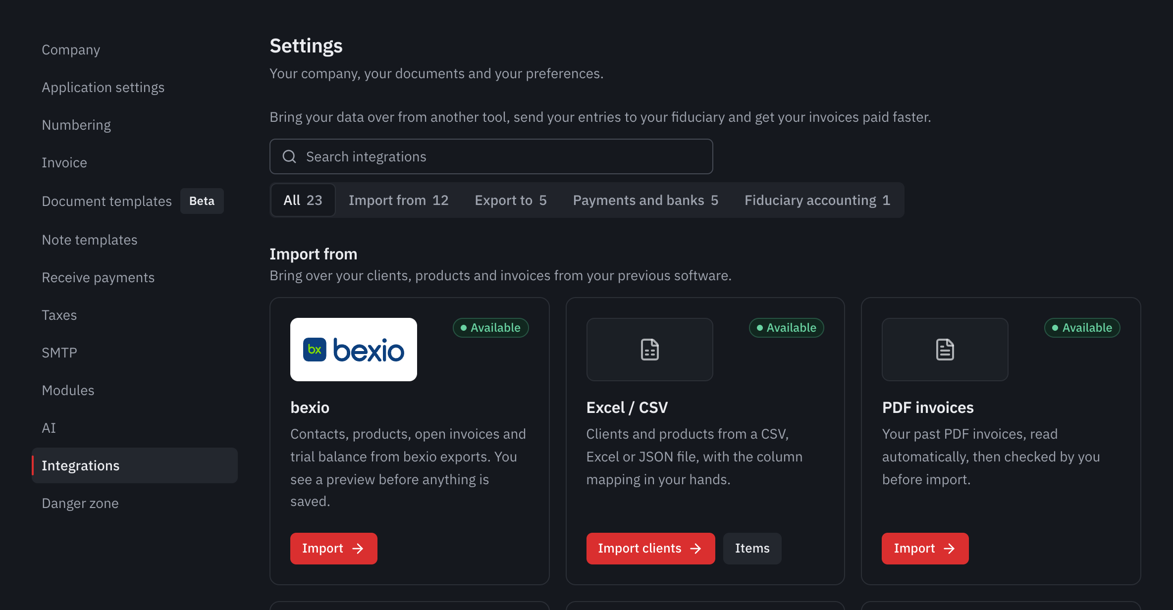 The Integrations tab of the settings: the search, the categories and the bexio, Excel / CSV and PDF invoices cards.