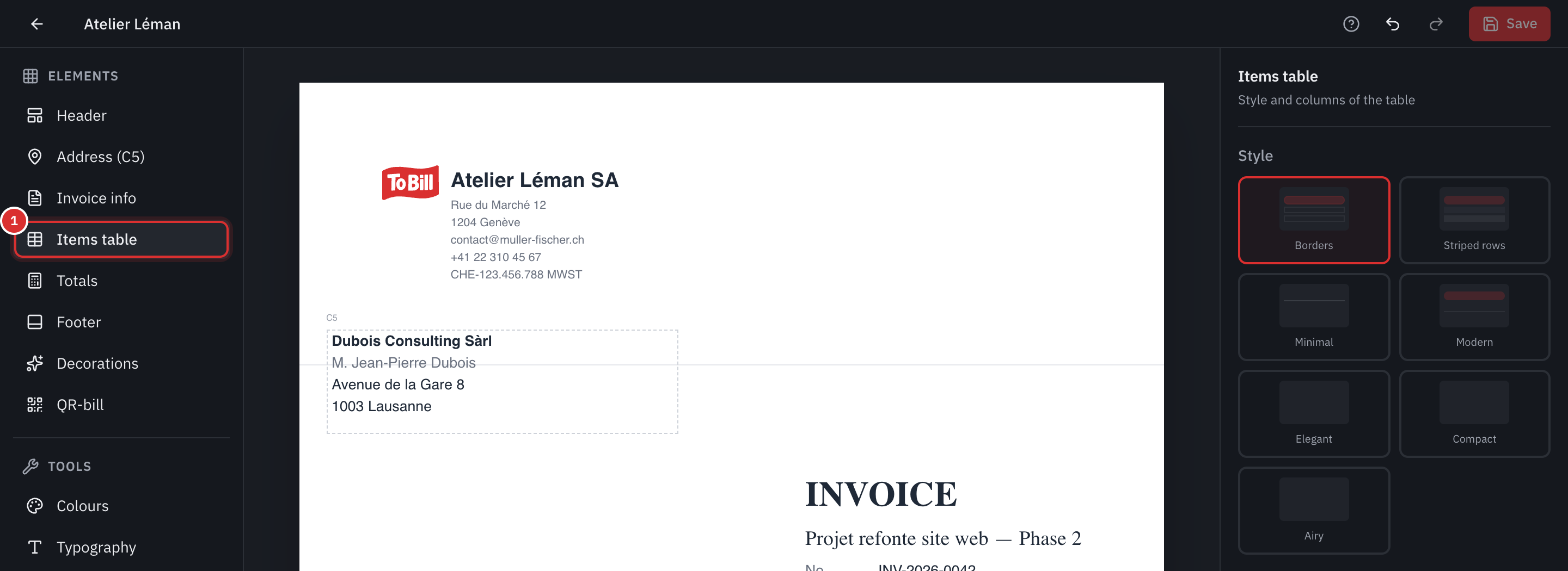 The template editor: the elements on the left, the invoice preview in the middle, the articles table settings on the right.