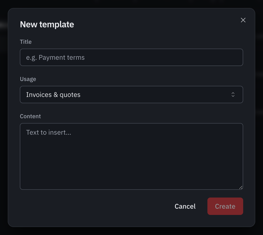 The New template window: the title, the usage and the content of the note.