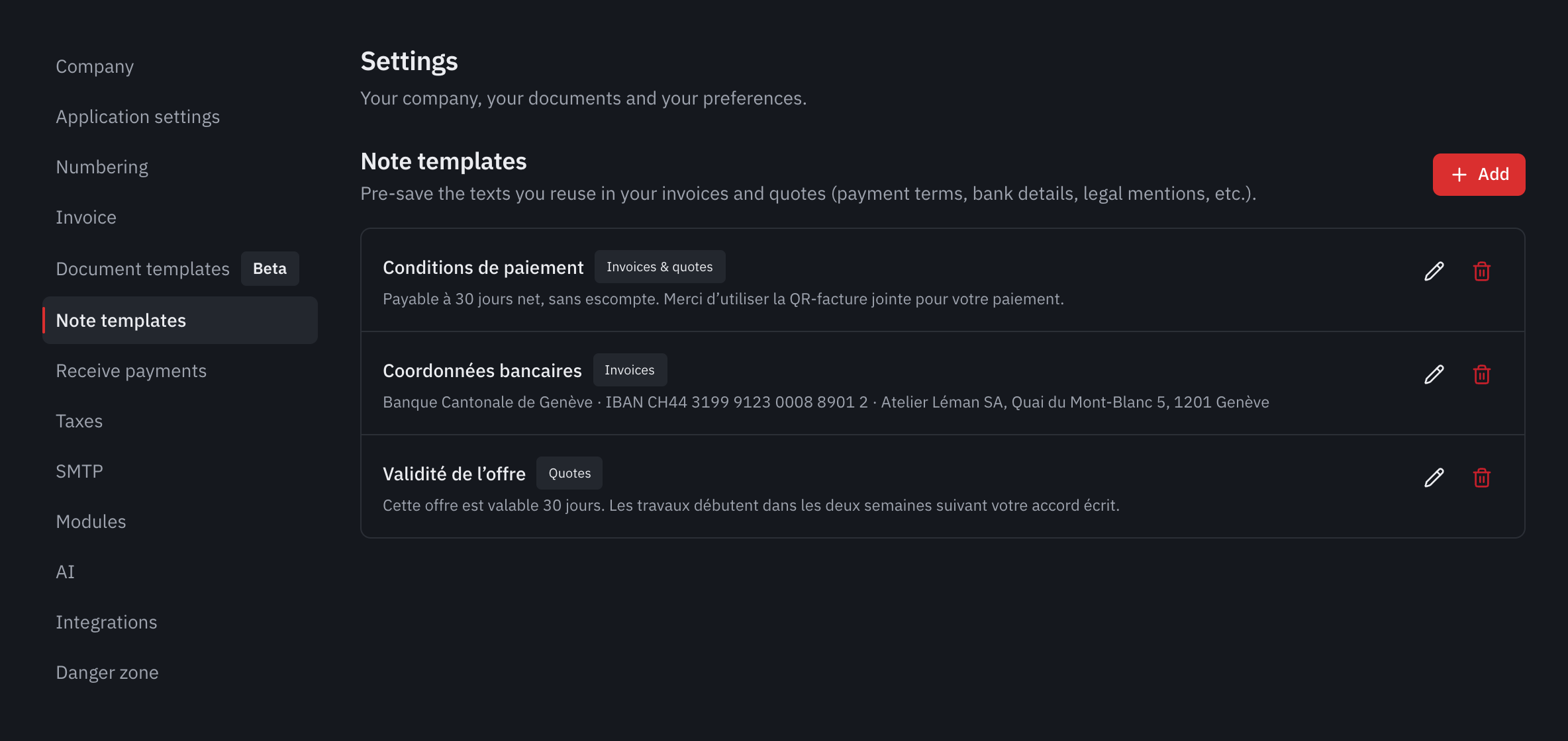 The list of note templates: payment terms, bank details and validity of the offer, with their usage.