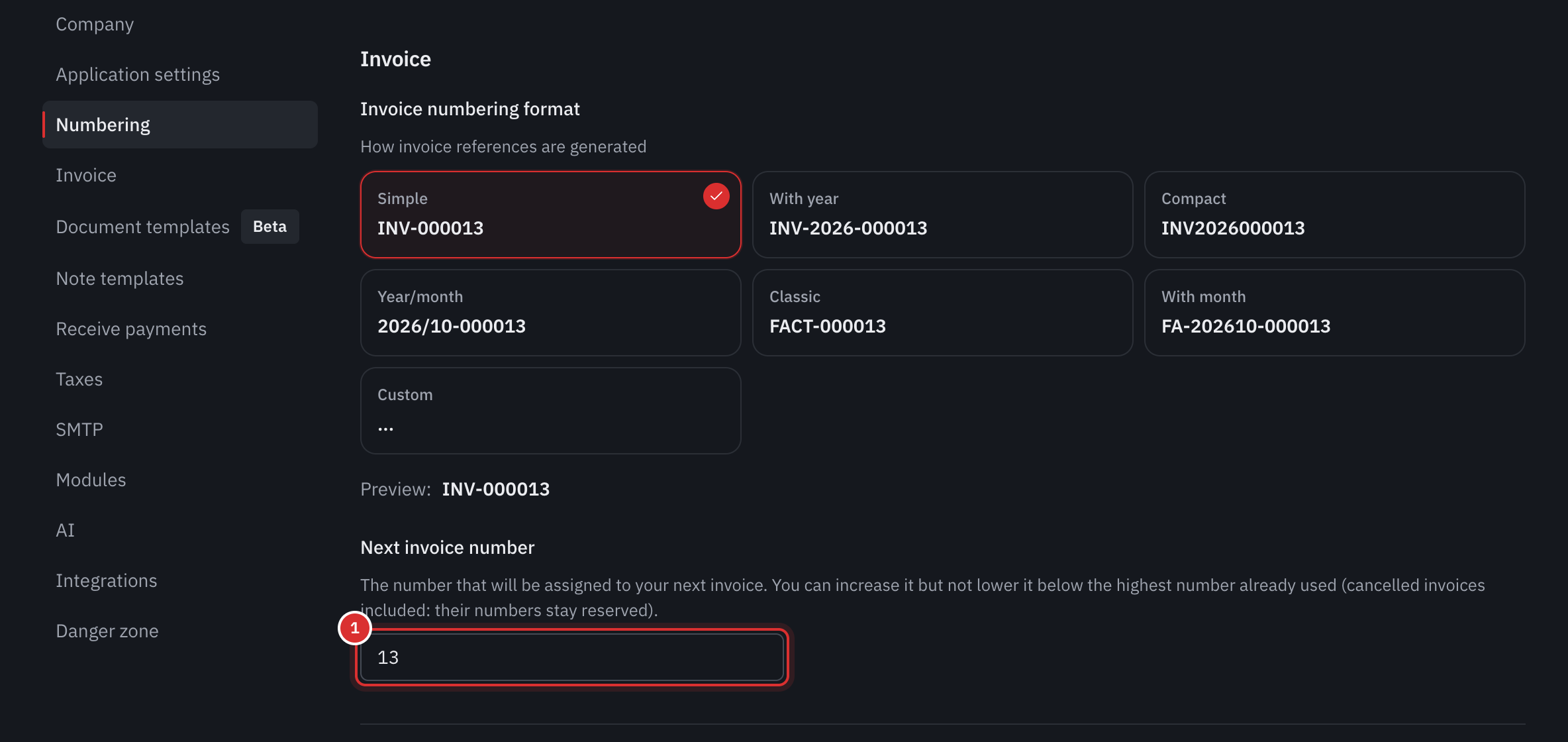 The Invoice part: the invoice numbering formats and the Next invoice number field.