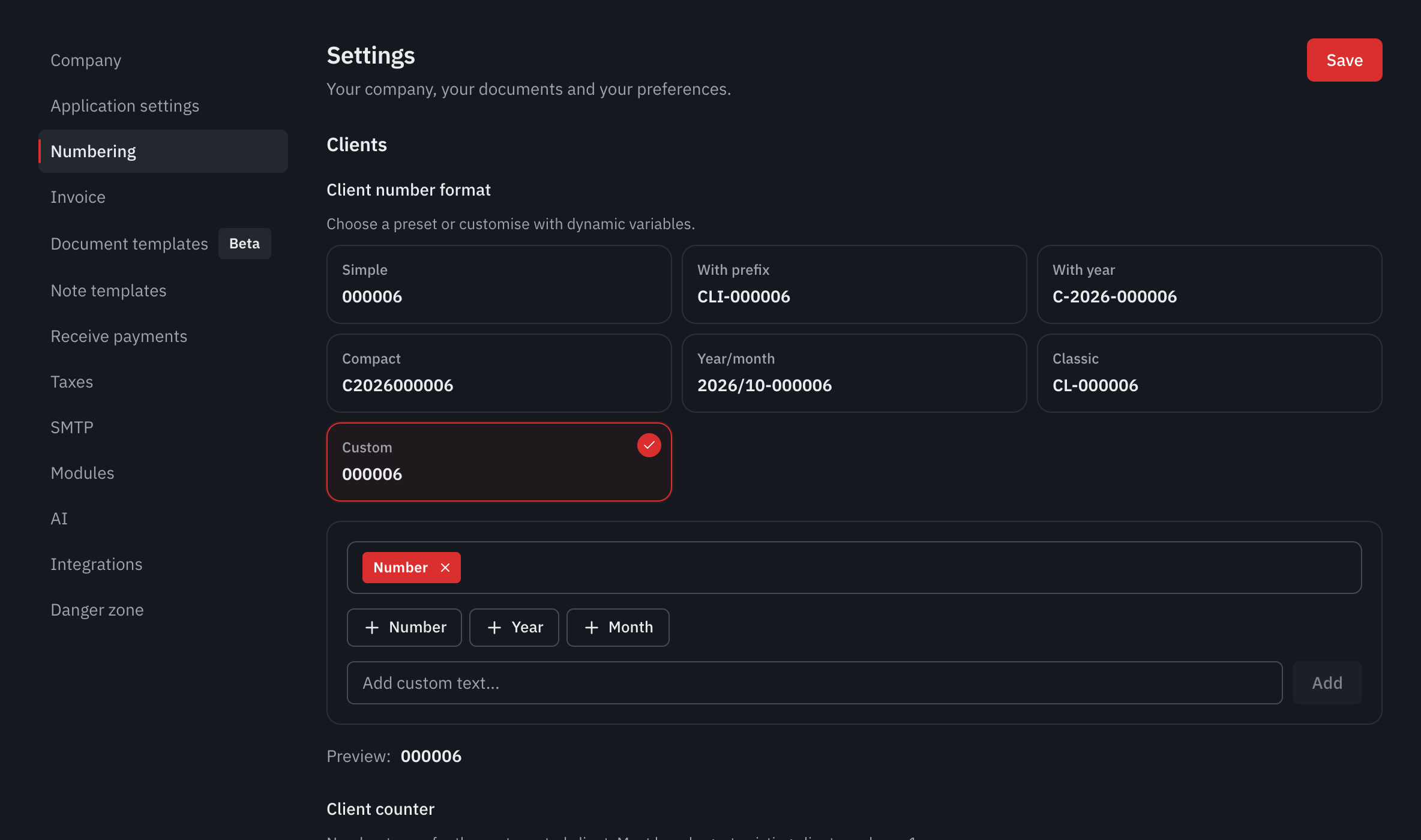 The custom format editor: the elements of the format, the variable buttons and the text field.