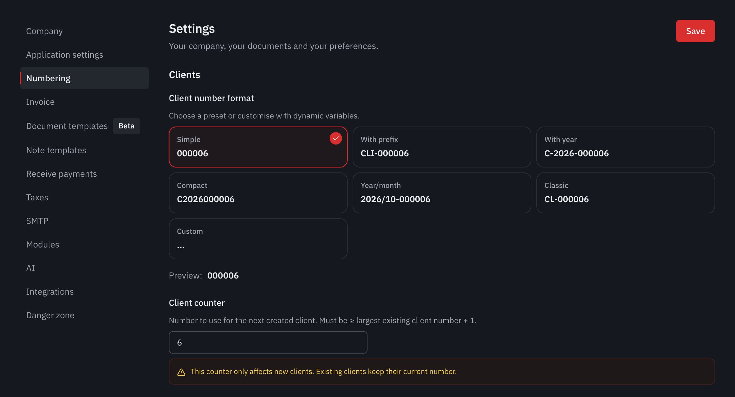 The Clients part of the numbering: the formats offered, the preview and the client counter.
