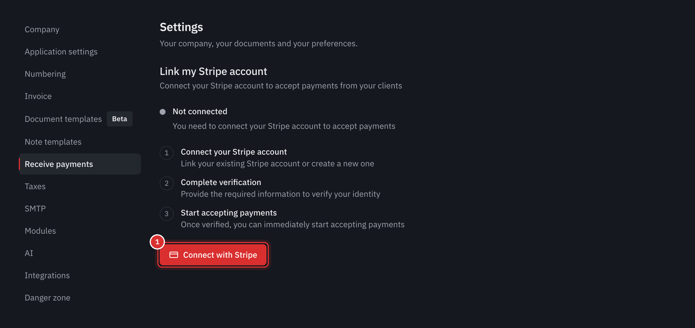 The Receive Payments tab: the Not connected box, the three steps and the Connect with Stripe button.