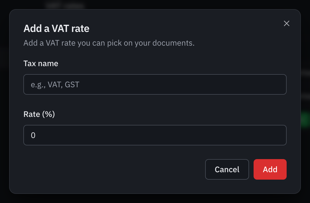 The Add a VAT rate window: the tax name and the rate as a percentage.